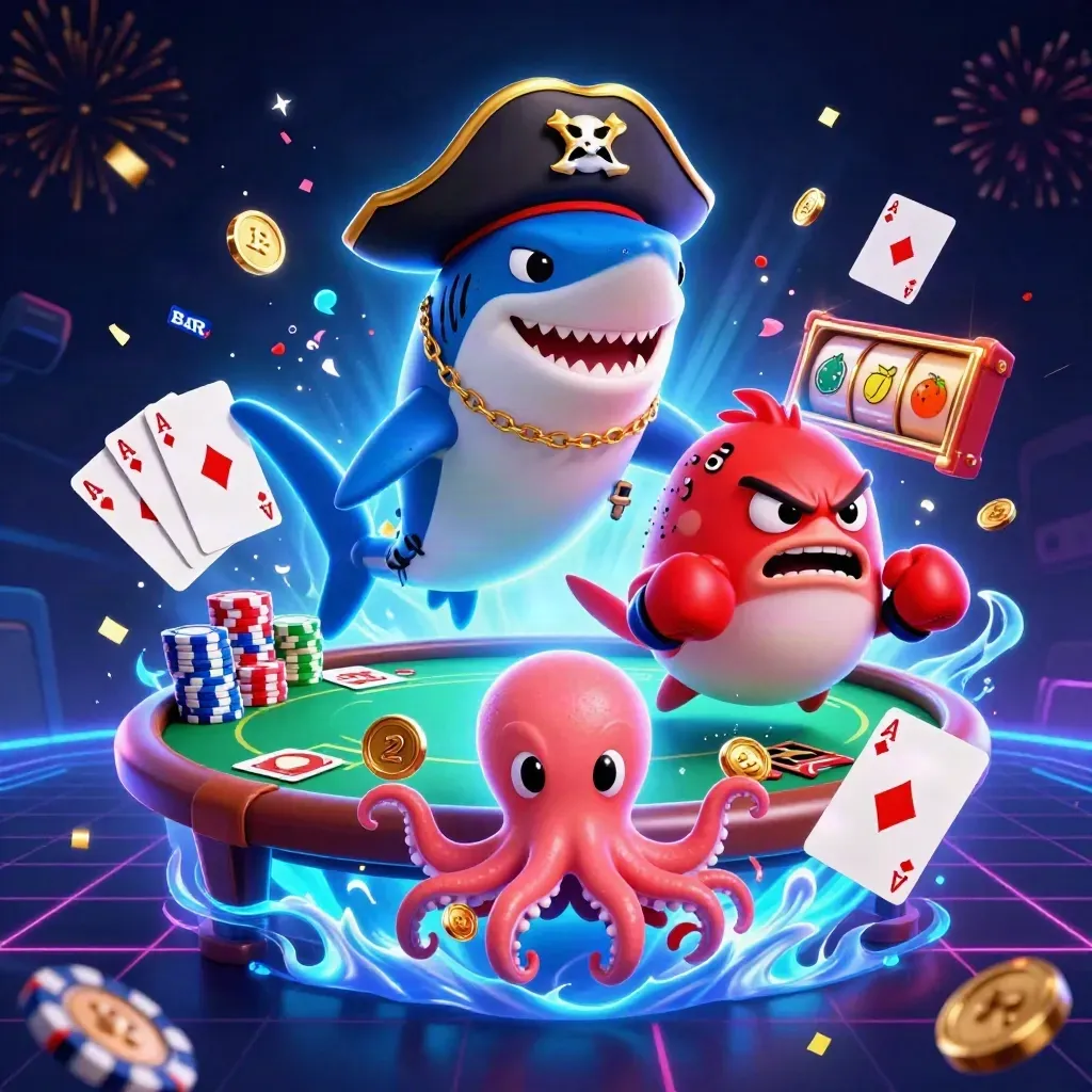 Shark captain, boxing pufferfish, and coin-juggling octopus over a neon casino table.
