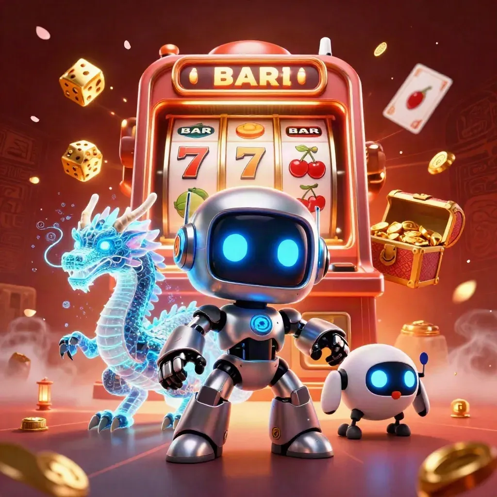 Chrome robot, holographic dragon and coin drone burst from a slot machine amid gold and embers.
