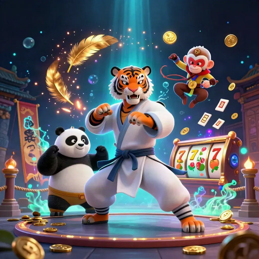 Kung-fu tiger, panda, and monkey amid casino talismans, glowing coins, reels, and blue-cyan energy.