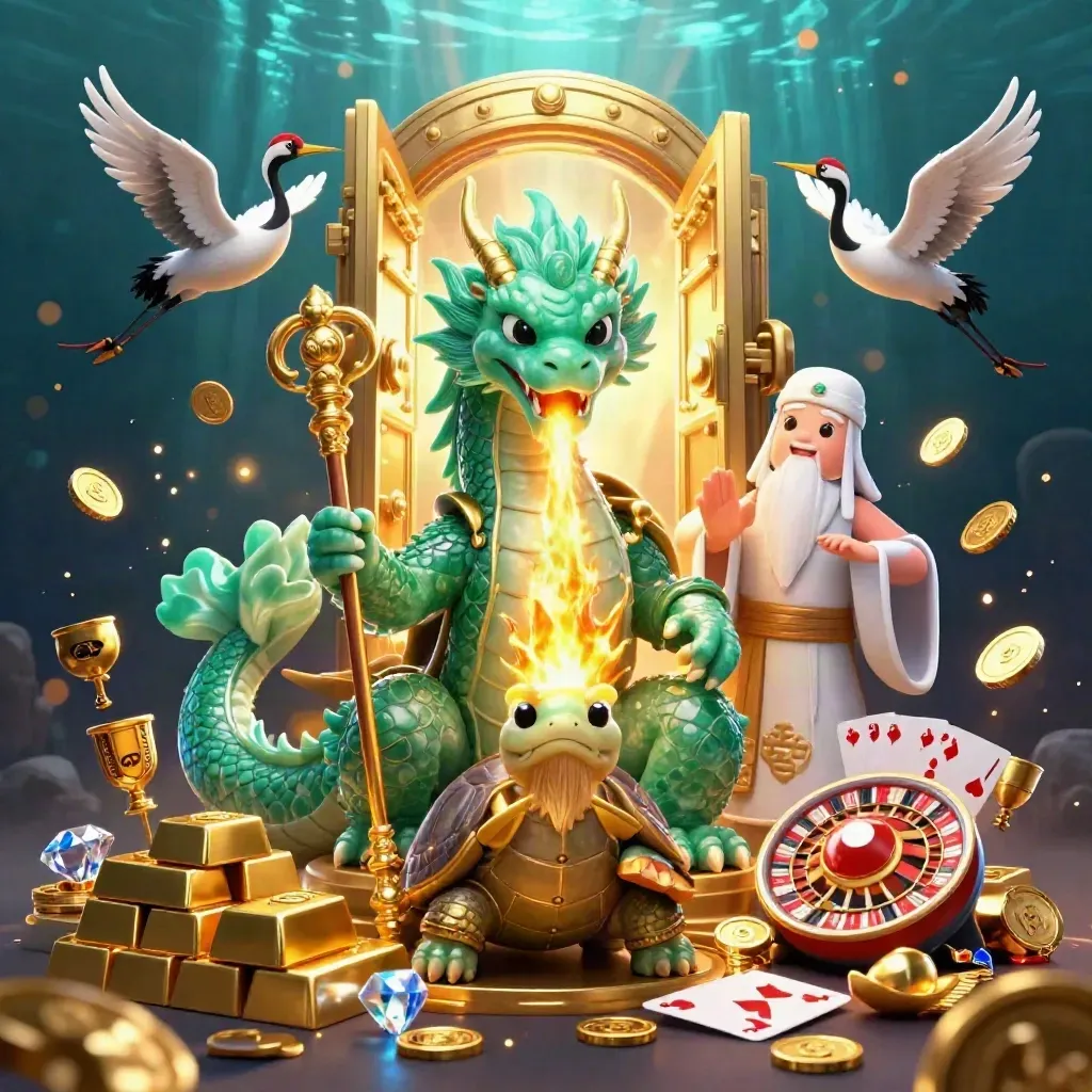 Jade dragon, turtle sage, and cranes bursting around a glowing gold vault with casino treasures.