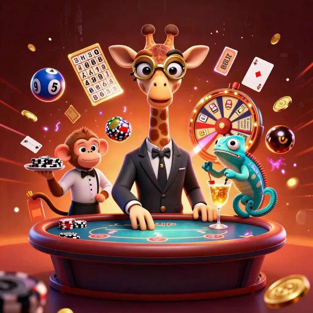 Giraffe, monkey valet, and chameleon bartender amid casino props and neon energy.