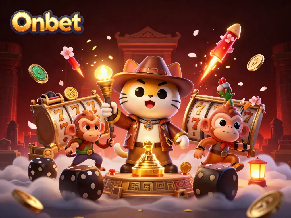 Experience the thrill of Onbet with a daring explorer cat in a 3D casino adventure.