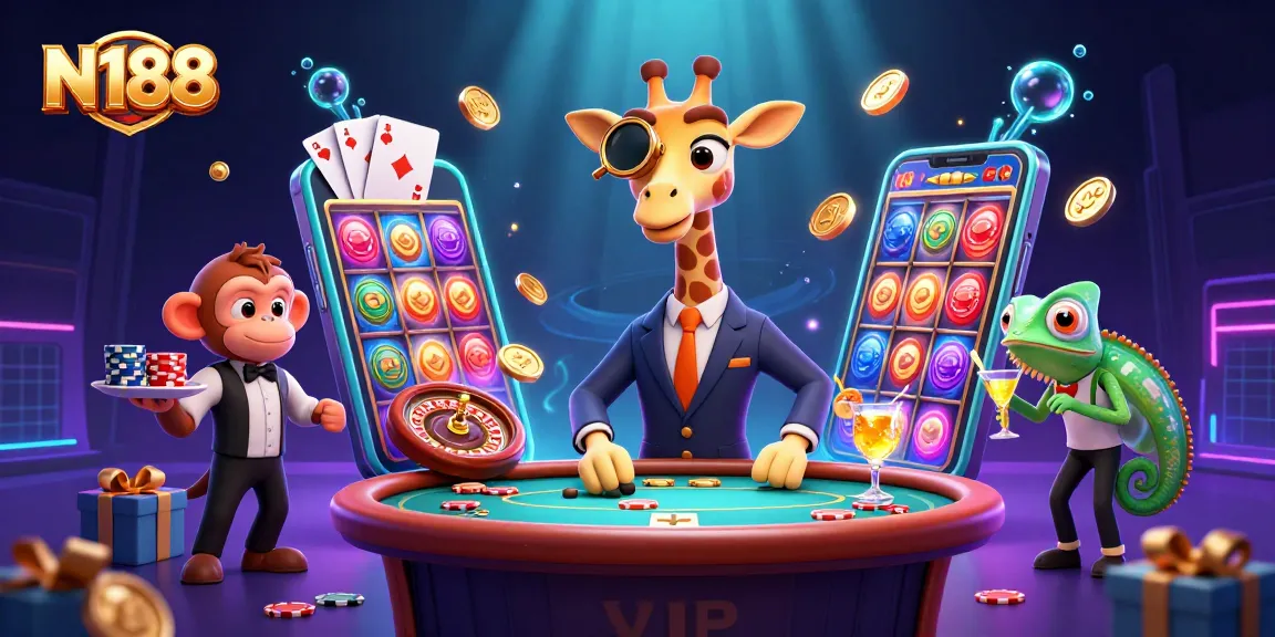 N188 captivates players with high-stakes gambling featuring a decadent giraffe at a poker table.