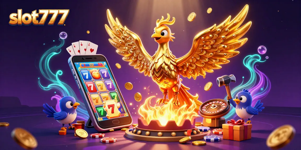 Engage with slot777 for thrilling jackpot wins featuring a golden phoenix and vibrant slot games.