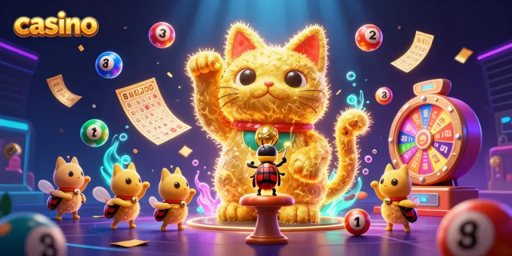 Engage with the vibrant casino scene of golden fireflies and lucky symbols spreading excitement!