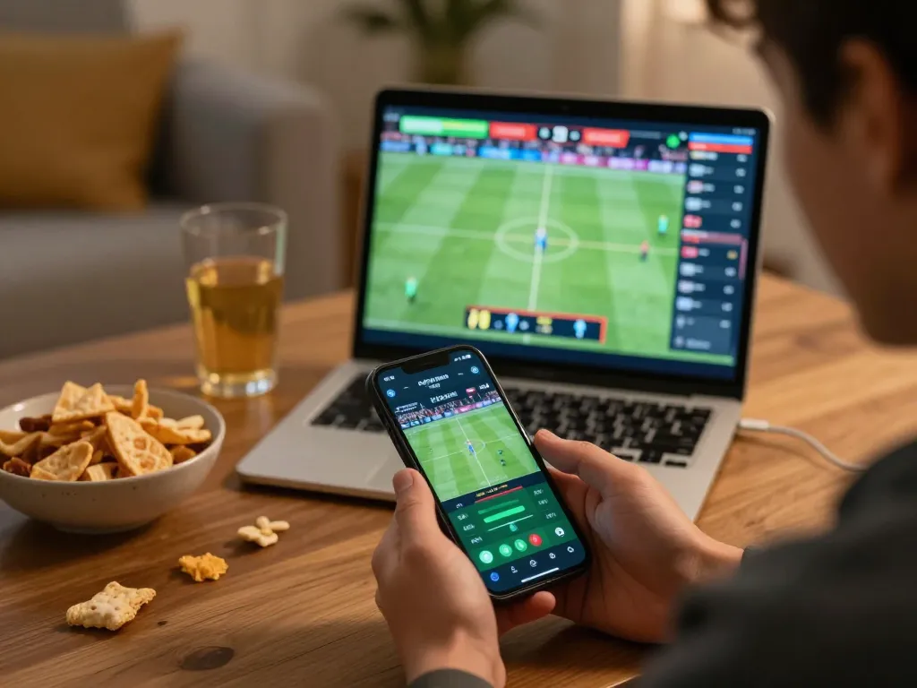 Fun88 user placing strategic bets on smartphone while enjoying live sports at home