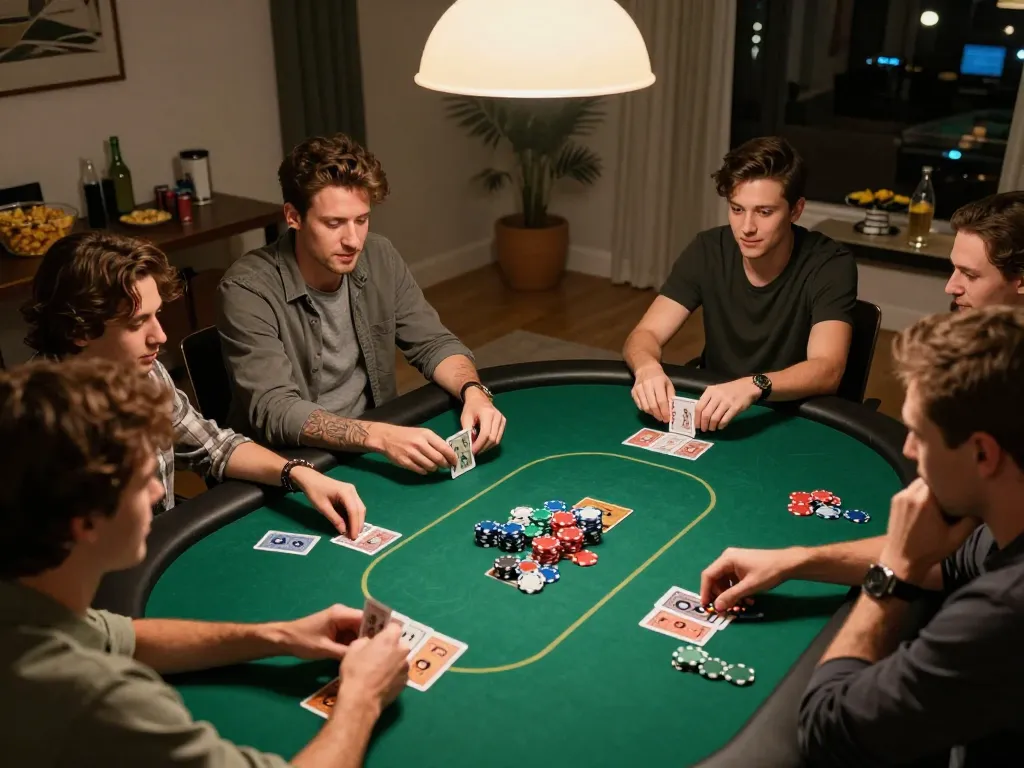 Playing poker at home with friends; Bsport offers engaging strategies for successful games.