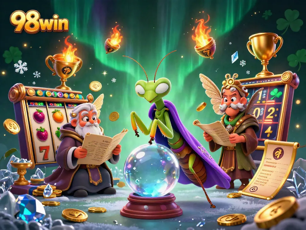 Join the gambling excitement with 98win's thrilling slot game adventure illustrated by a fortune teller.
