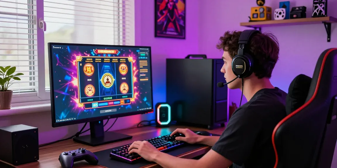 Pajaktoto gaming scene with vibrant graphics, user engaged in exciting online slot games at home.