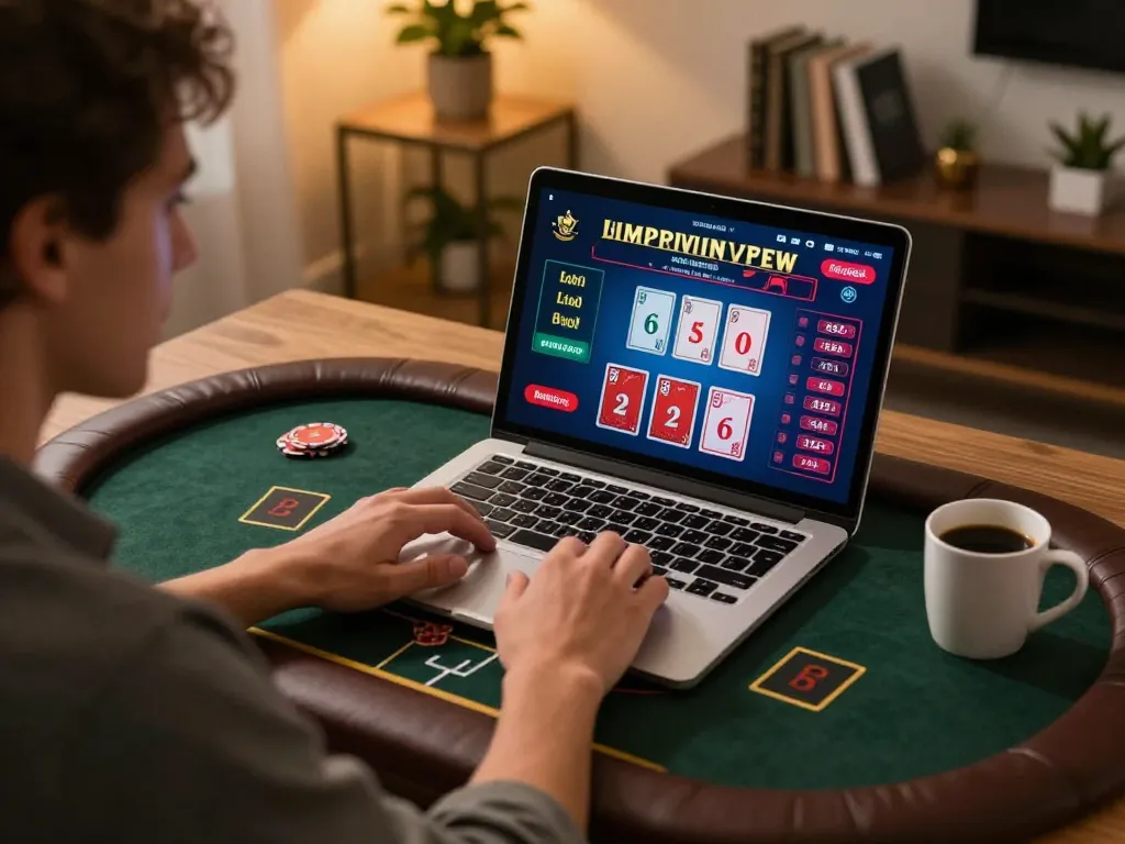 KONG88 player engaged in live dealer blackjack with a laptop at home, showcasing strategic gameplay.
