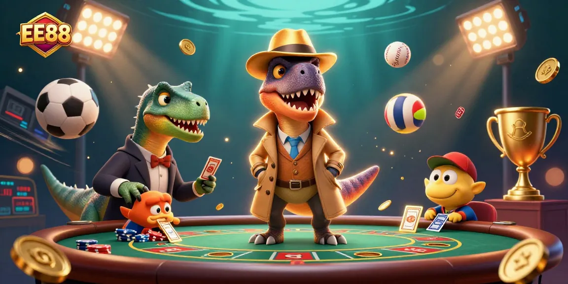 EE88 velociraptor plays blackjack while a stegosaurus pit boss looks on suspiciously in a vibrant casino scene.