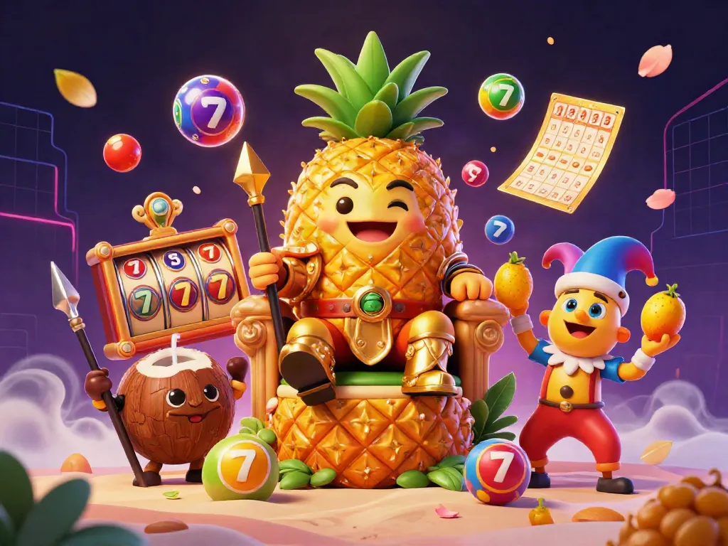 Penguasa slot gacor dengan karakter kartun emas di kasino, mempresentasikan suasana ceria dan banyak aktivitas judi.