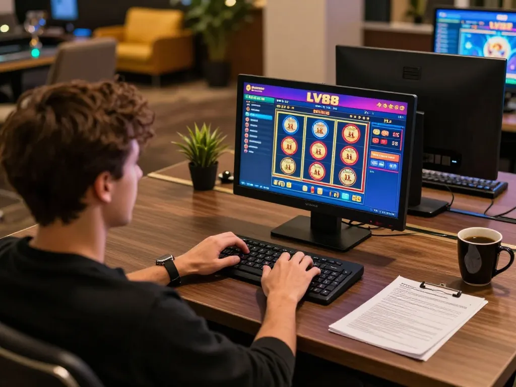 Player enjoying LV88 online casino game at stylish desk, showcasing gaming interface and strategy notes