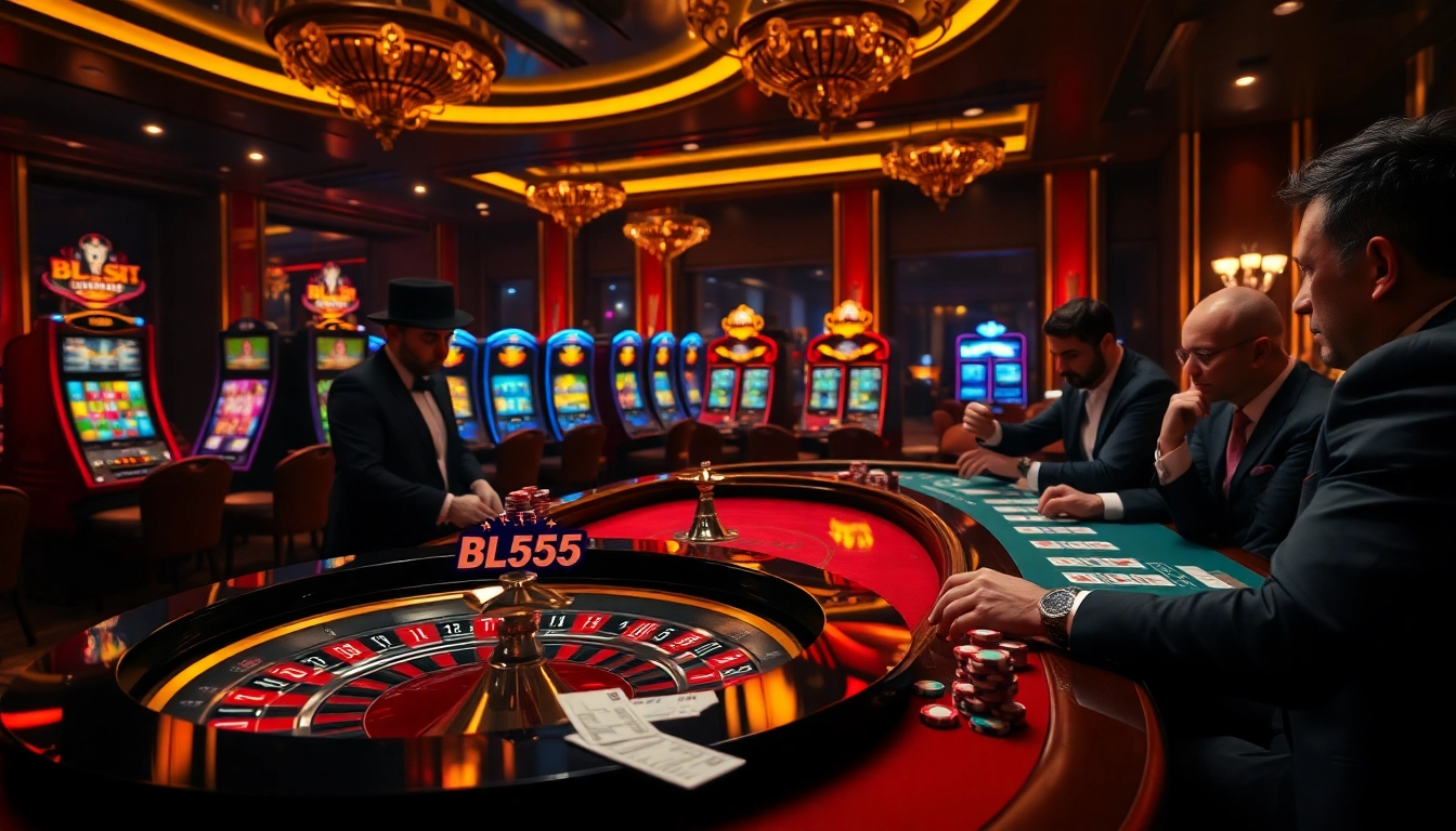 Experience the excitement of gambling at BL555 with a vibrant casino scene filled with players.