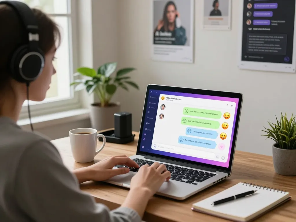 Interactive ai sex chat experience in a cozy home office setting with vibrant digital interface.