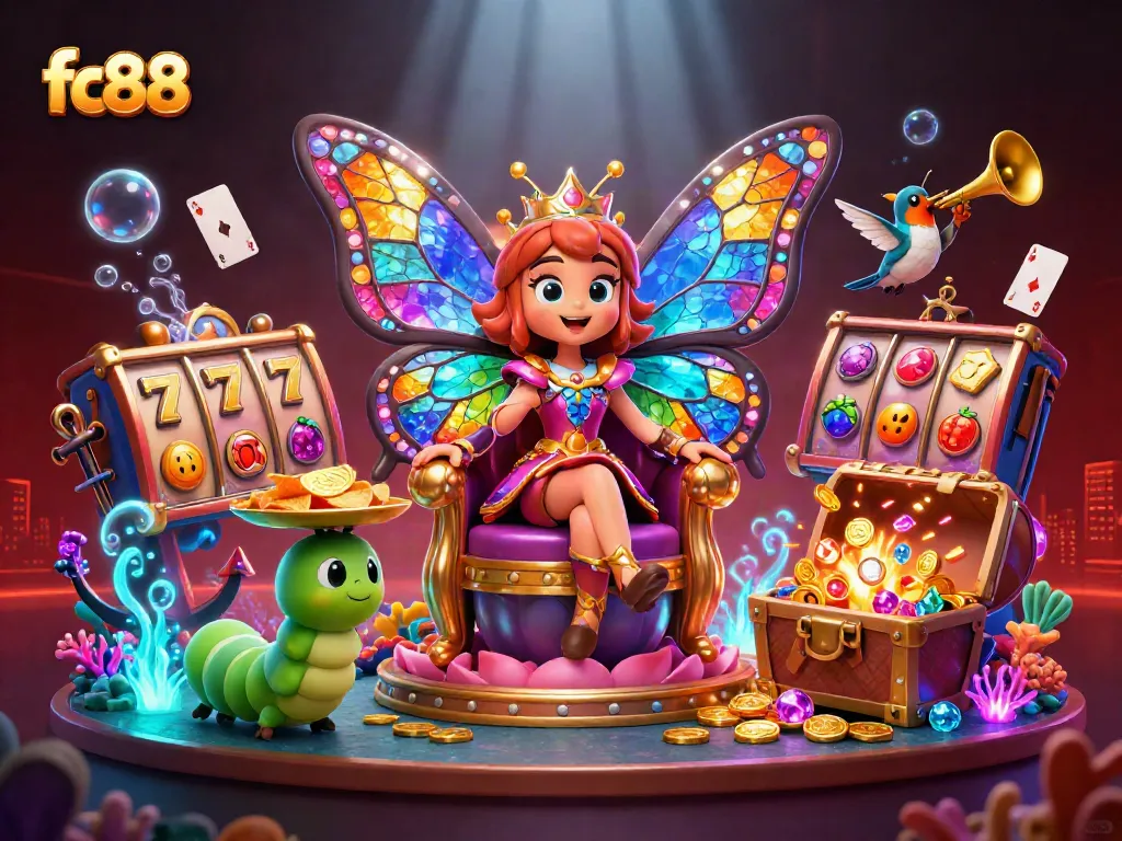 Experience excitement at fc88 with a vibrant casino scene featuring lucky symbols and colorful characters.