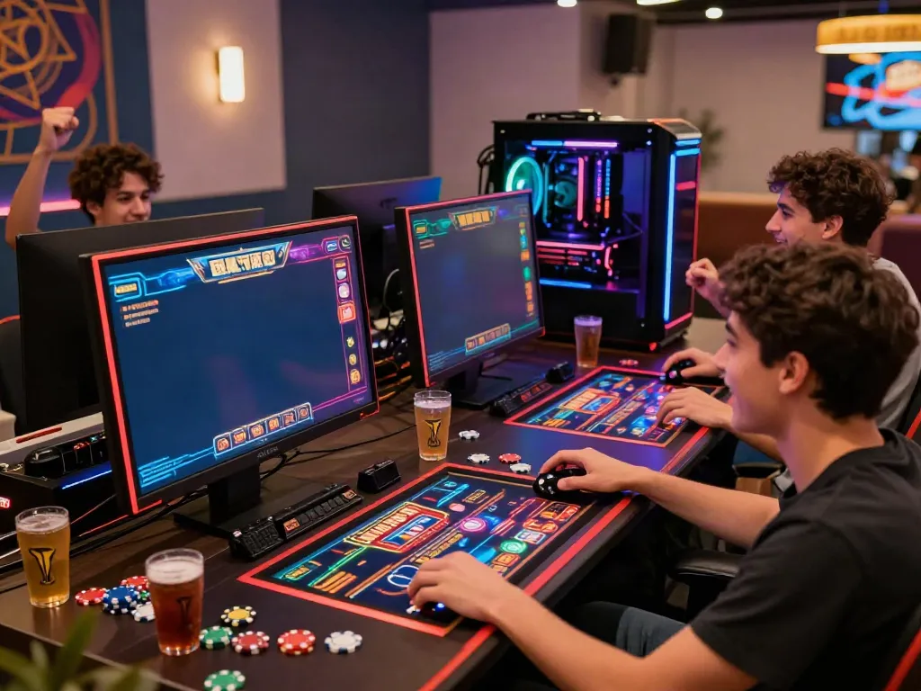 Exciting online gaming scene with players enjoying akunjp slot games in a modern lounge.