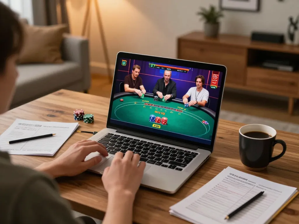 Player engaged in online casino gaming with link ggdewa777 on laptop screen, showcasing poker action and strategic notes.