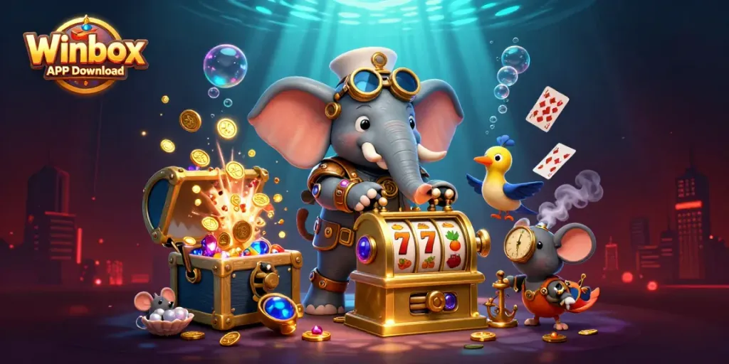 Experience the excitement with Winbox APK Download featuring vibrant casino elements and characters.