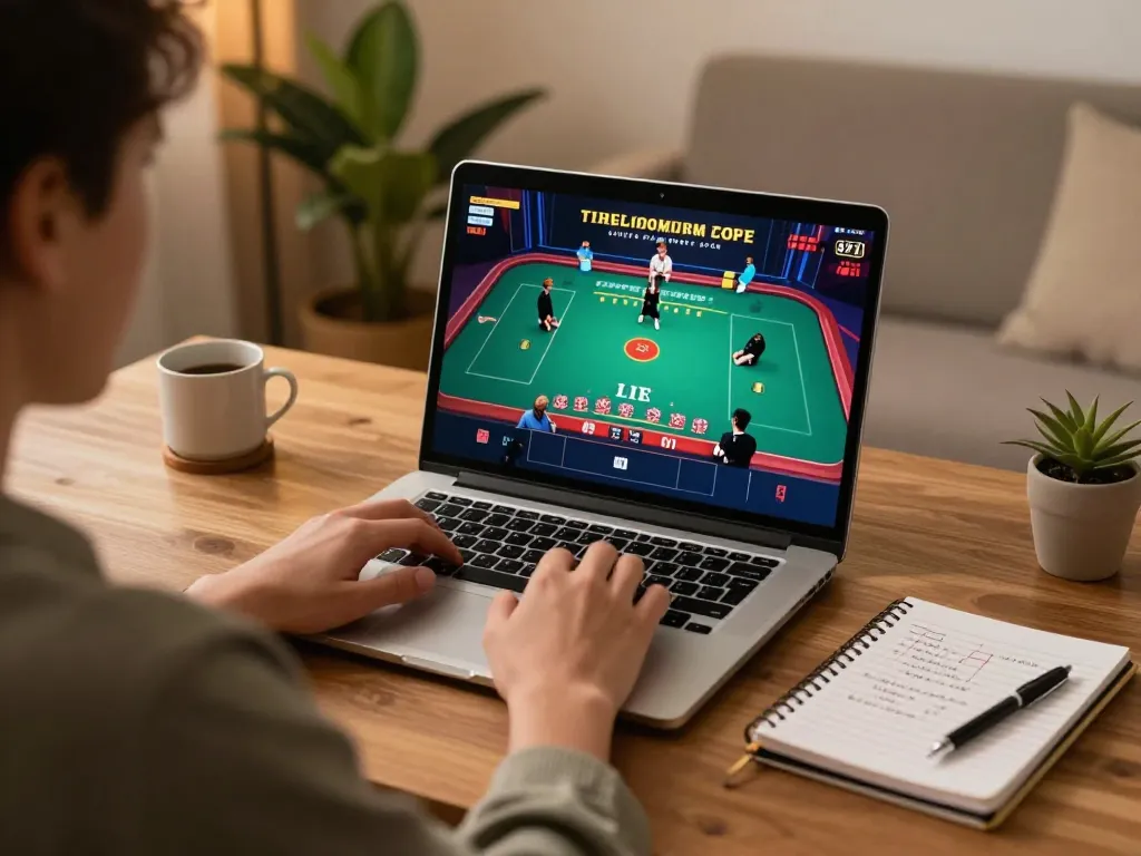 Engaging with live dealer blackjack on 68win, showcasing strategic notes and a cozy home environment.