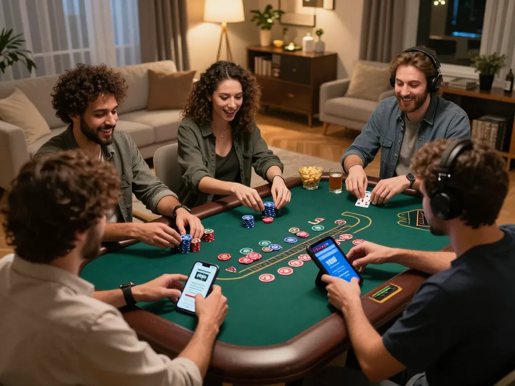 Engaging moment of players enjoying blackjack on the rikvip app in a cozy home setting.