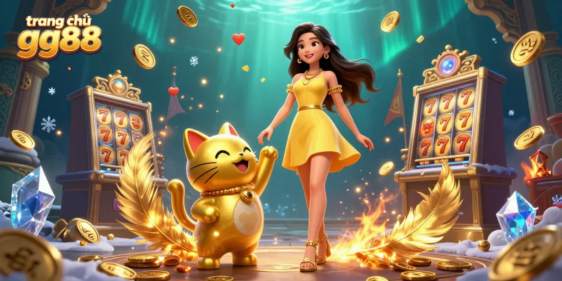 Experience thrilling gameplay on trang chủ gg88 with a cheerful Asian woman and lucky cat mascot in a vibrant casino setting.