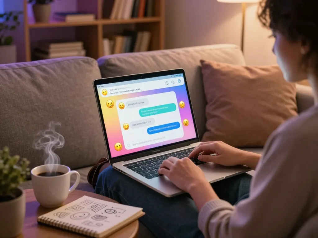 Engaging in ai sex chat on a laptop in a cozy home setting with vibrant chat interface and warm ambient lighting.
