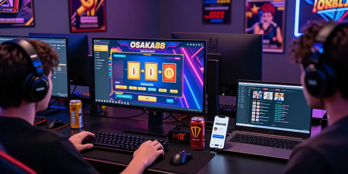 Player using OSAKA88 login on vibrant gaming setup with jackpot alerts and community chat.