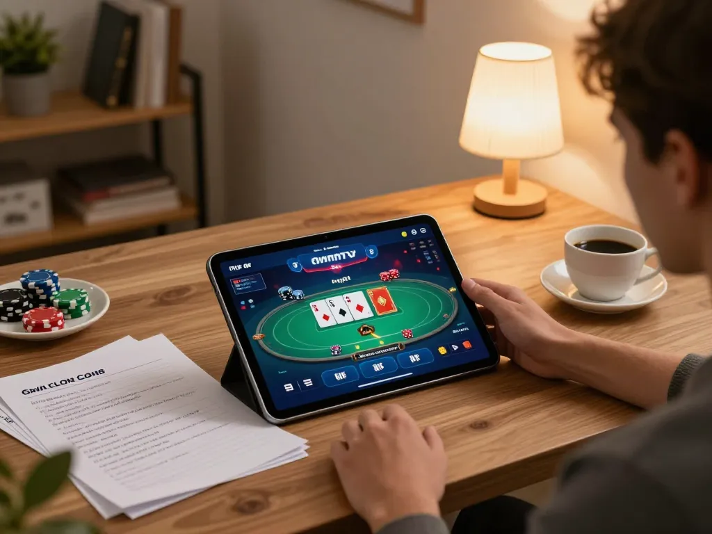 Person enjoying iwin club gaming on tablet, surrounded by strategy notes and coffee, showcasing a cozy home setup.