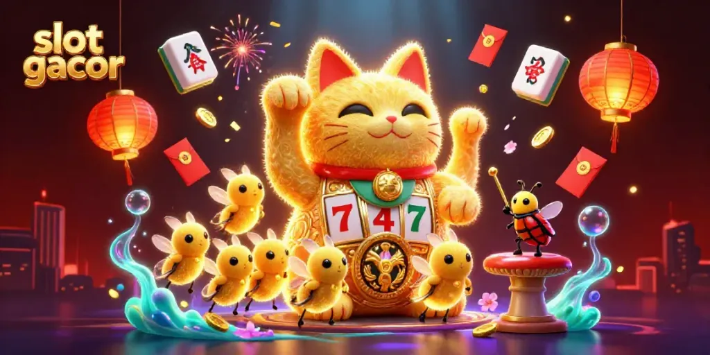 Engaging slot gacor scene with dynamic casino symbols and a waving lucky cat.