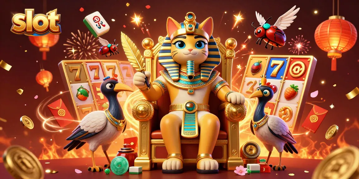 Spin the slot reels with Egyptian pharaoh cat and scribe amid glittering jackpot symbols.