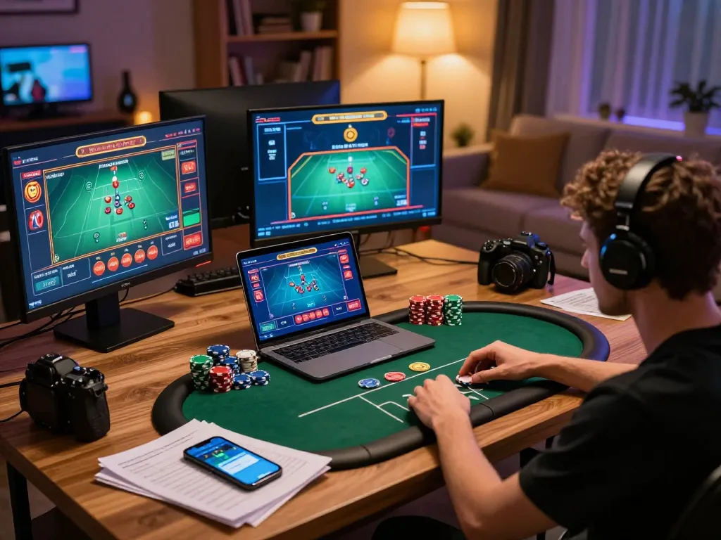 Experience LGOGOAL with an engaging online poker game in a cozy home setup.