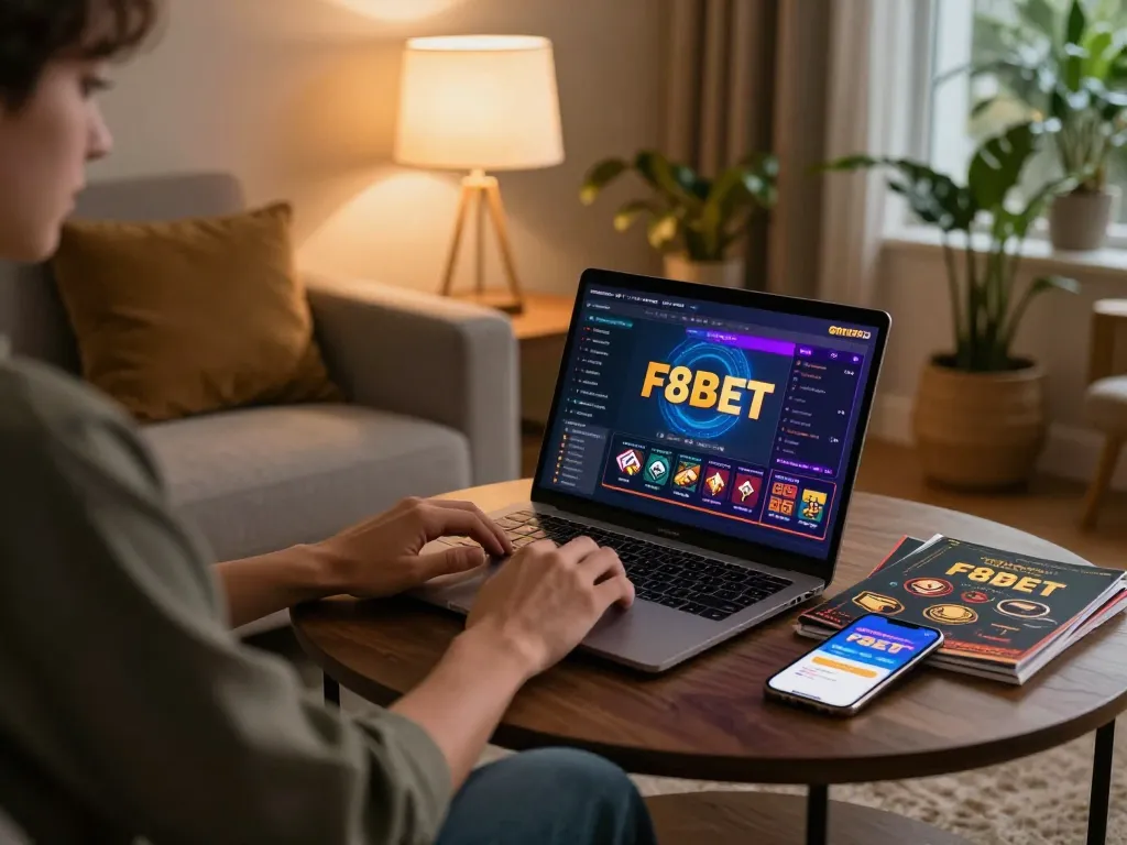 Engage in thrilling gameplay at F8BET on a cozy laptop setup at home, enjoying strategic gaming.