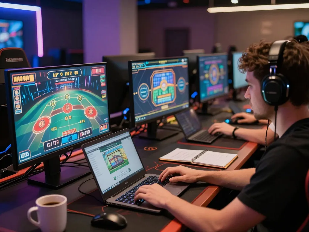 Player engages with vipwin gaming interface on multiple screens at a professional online setup