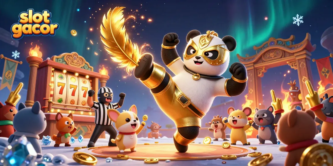 Engage with slot gacor action in a lively arena with a wrestler panda, referee chihuahua, and excited animal fans!