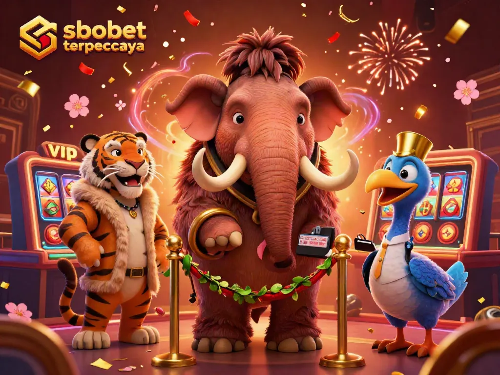 Experience sbobet terpercaya at a vibrant casino with iconic characters and festive elements.