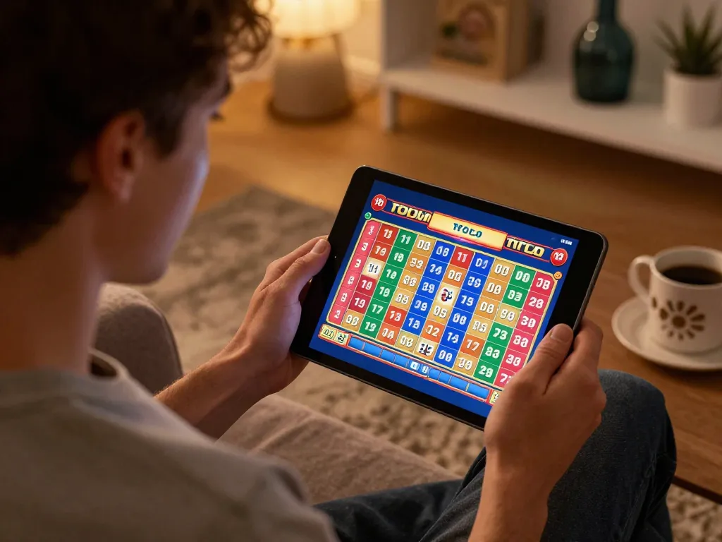 Player enjoying KDTOTO online slot games on a tablet in a cozy home environment.