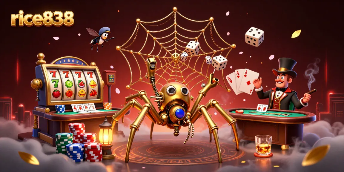 Catch exciting moments in rice838 with a steampunk spider and poker elements amidst vibrant gaming symbols.