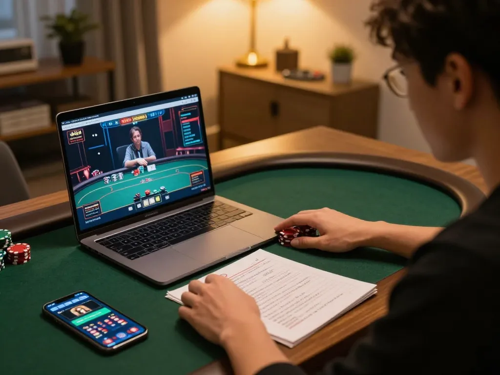 Enjoying a poker game at uu88 with strategic notes and a laptop on a cozy setup