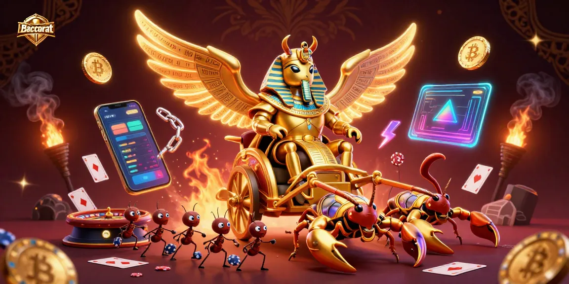 Baccarat highlights gameplay with golden scarab and animated roulette elements amid vibrant casino visuals.