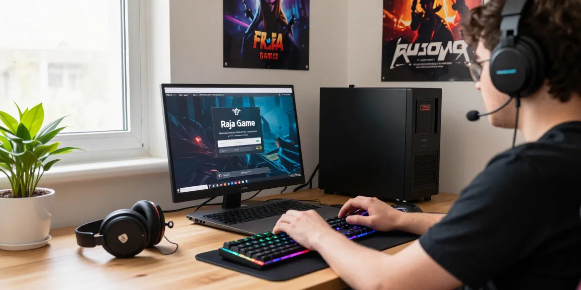 Raja Game login screen on a laptop, vibrant gaming setup with accessories.