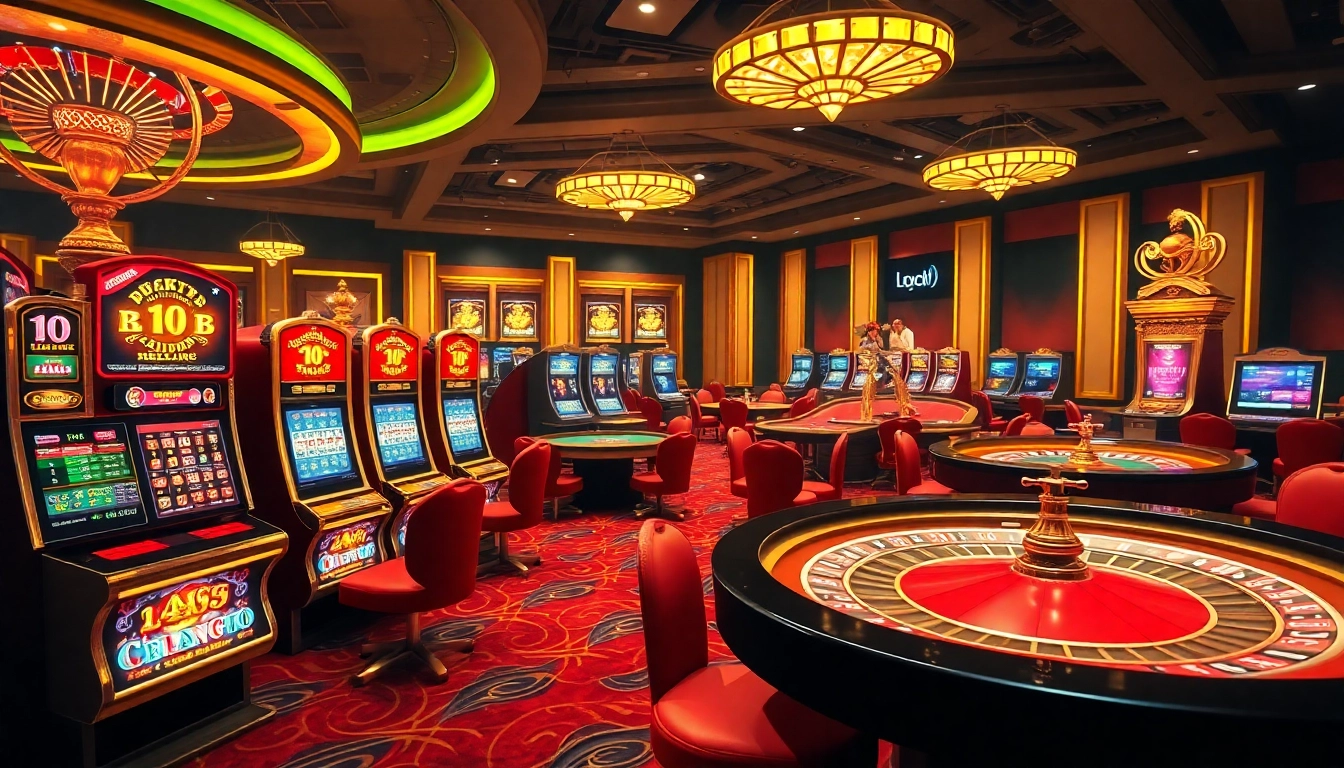 Engaging amanahtoto casino scene showcasing vibrant slot machines and poker action.