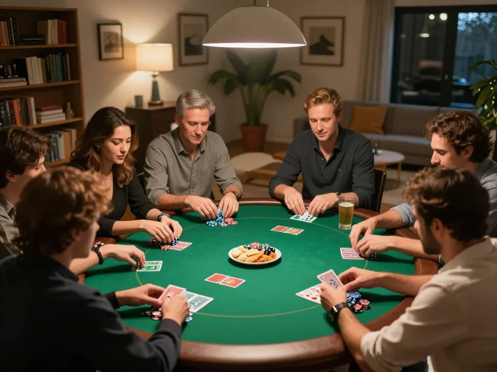 Sunwin players enjoying a lively poker night with drinks and chips on a vibrant green table.