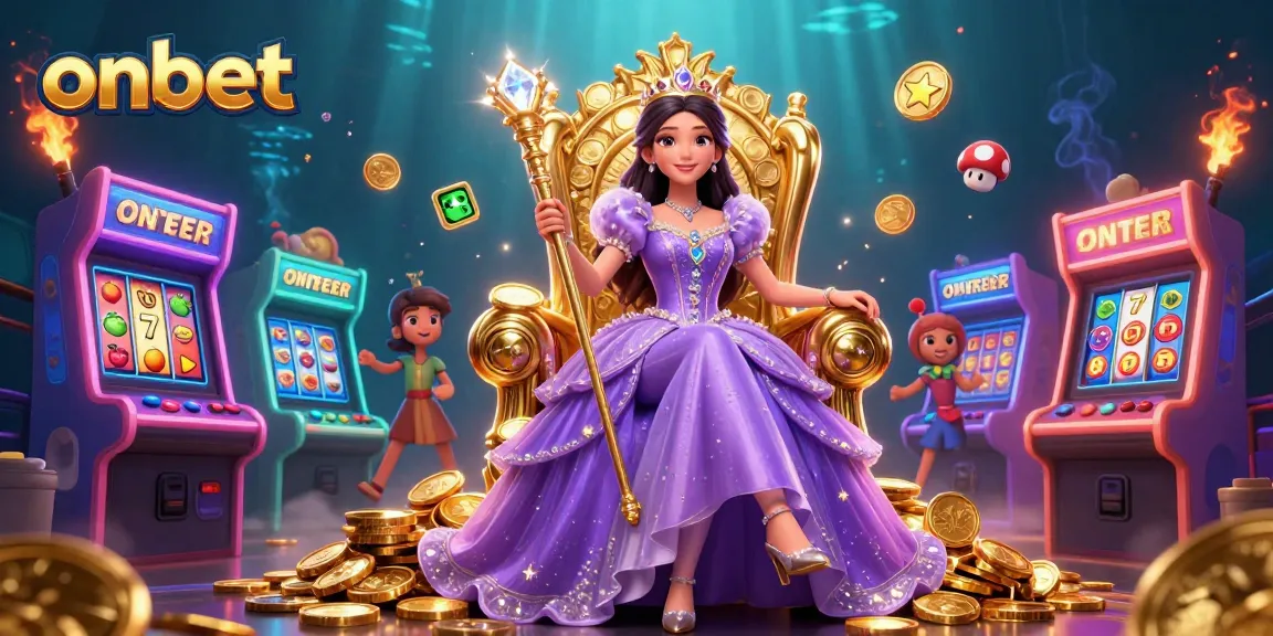 Experience thrilling gaming at onbet with a princess and vibrant casinos, showcasing jackpots and slot reels.