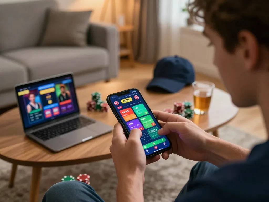 A person enjoying nha cai uy tin gaming on a smartphone in a cozy home environment.