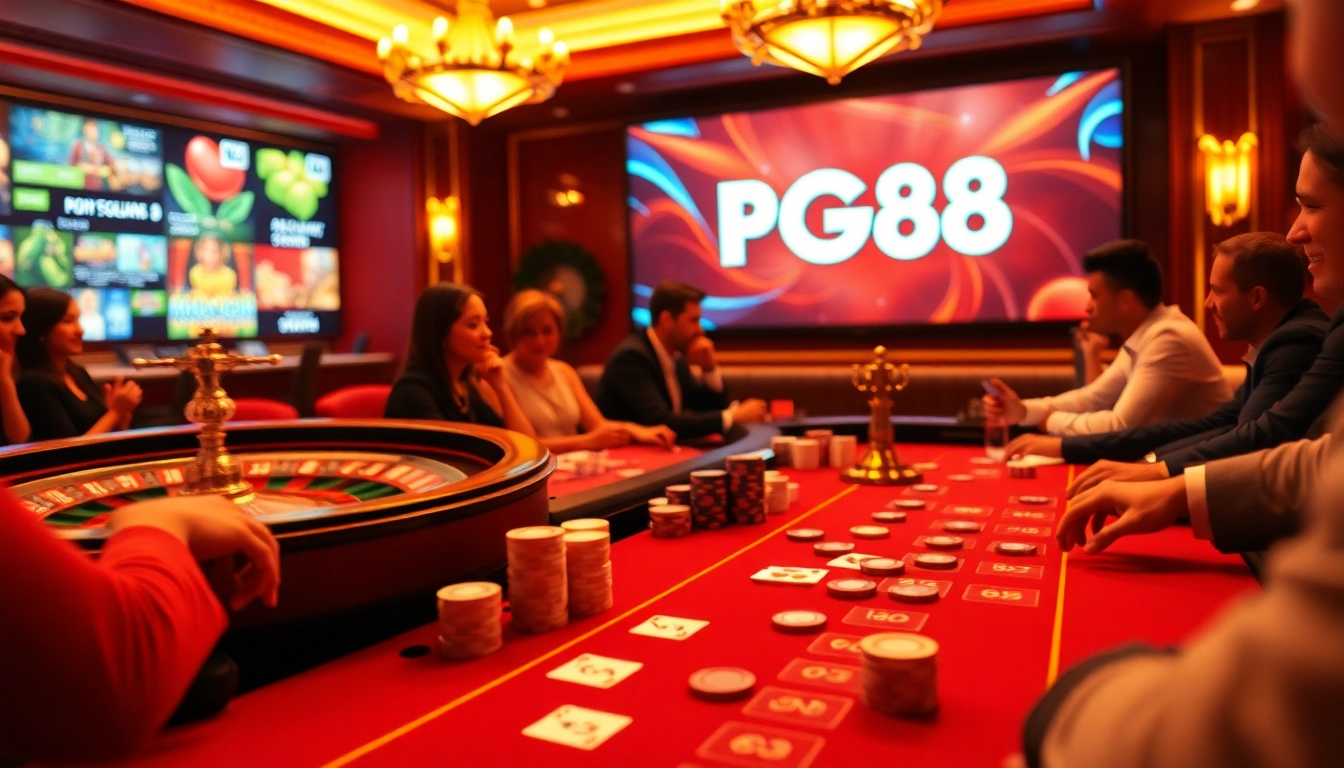 Players enjoying a thrilling PG88 poker game in a vibrant casino atmosphere.