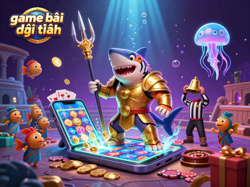 Engage in the thrilling game bài đổi thưởng with a tiger shark in gladiator armor in an underwater casino scene.