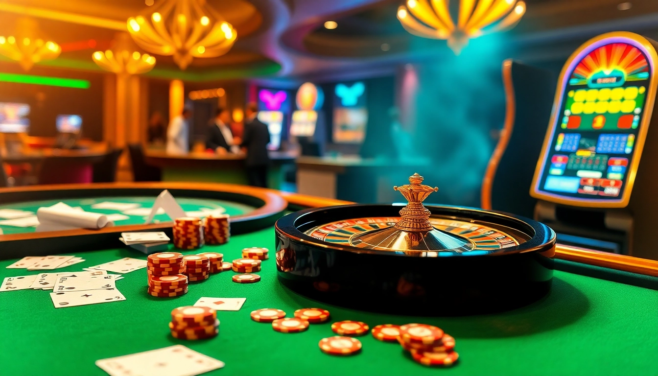 Experience the thrill of bem88 with exciting casino elements like poker chips and a roulette table.
