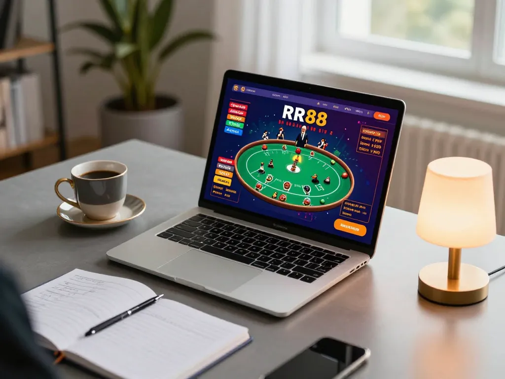 Playing poker on the RR88 platform from a cozy home office, showcasing online gambling