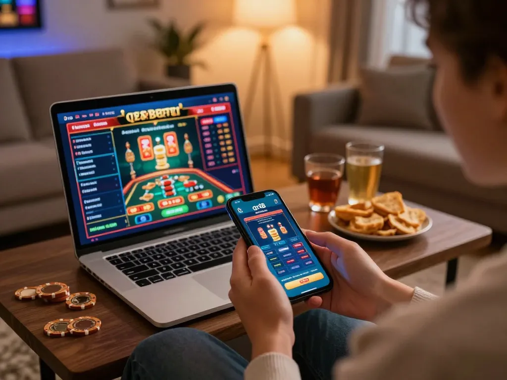 Engaging with the qtr88 casino app in a cozy living room for responsible gaming.